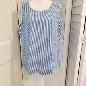 Talbots Searsucker Blue-White Striped Sleeveless Blouse Size Large